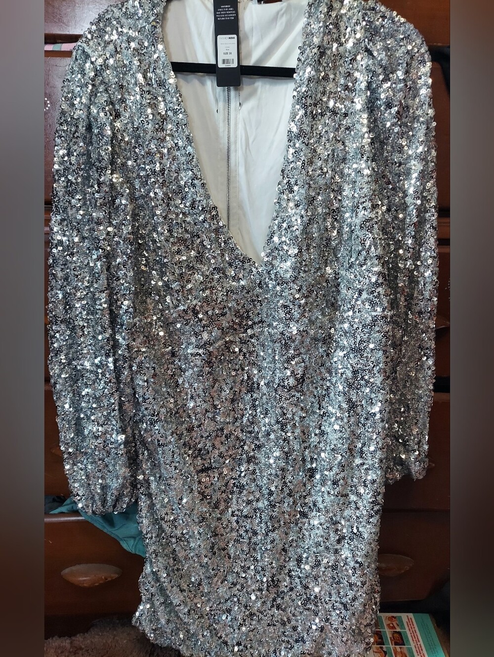 Fashion Nova Silver Sequin Long Sleeve V-Neck Dress